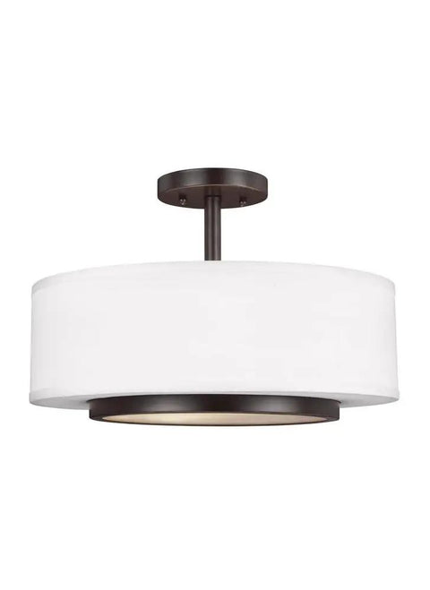 Nance Two Light Semi Flush Convertible Pendant Light Fixture In Brushed Nickel Finish with white drum shade