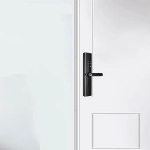 Game Changing Smart Door Lock With Smooth Fingerprint Recognition Password Keyless Entry Remote Control Auto Locking and Anti Spoof Technology mounted on a white door.
