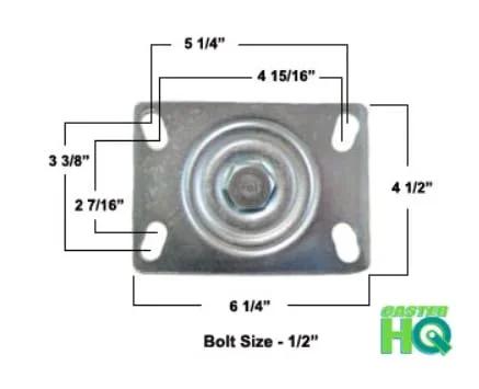 Front view: 4-1/2 x 6-1/4 in steel caster mounting plate with 1/2 in bolt holes, 1,200 lb capacity