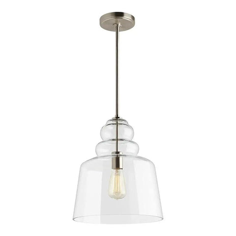 Agatha One Light Pendant In Brushed Nickel with clear glass shade and modern design, perfect for dining room or kitchen island.
