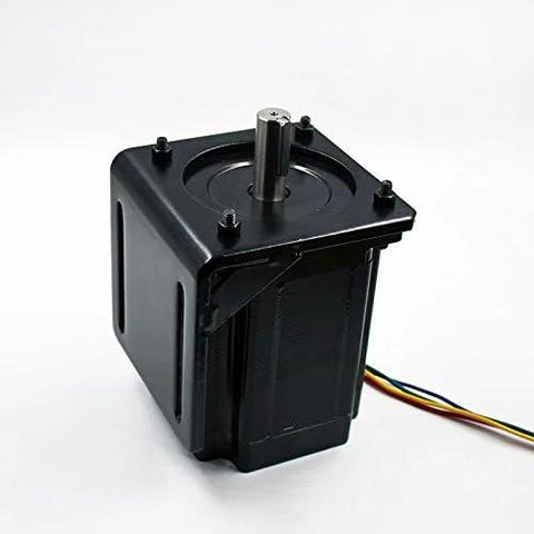 Front view of a black NEMA 23 stepper motor with silver shaft and multi-colored wires.