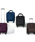 Set of four underseat carry-on luggage 16 inch in various colors, suitable for air travel, with wheels and compact design for easy storage.