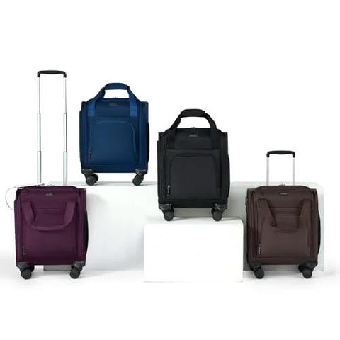 Set of four underseat carry-on luggage 16 inch in various colors, suitable for air travel, with wheels and compact design for easy storage.