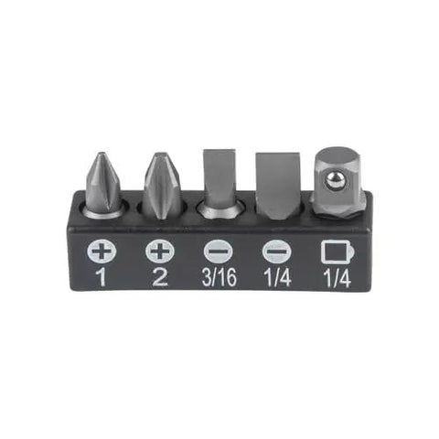 Compact Five Piece Mini Ratchet Set For Tight Spots With Phillips And Slotted Bits One Quarter And Five Sixteenths Inch Nut Drivers