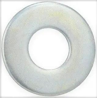 100 Pack United States Standard Flat Washers 1/4 Inch Zinc Plated For Corrosion Resistance BCP With 5/16 Inch Inner Diameter And 3/4 Inch Outer Diameter.079 Inch Thick, showing a single washer with central hole and zinc finish