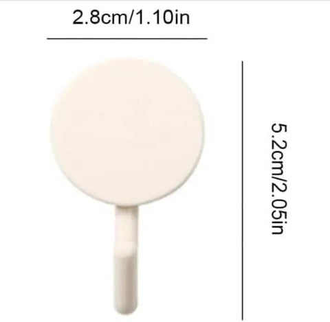 15 Pack Self Adhesive Wall Hooks With Hella Strong Grip No Drilling Damage Free Mounting For Towels Keys And Flatware Decorative Cutesy Style Perfect For Bathroom Office Or Closet Super Easy Setup And A Surefire Storage Winner, showing a clear image of a round white hook.