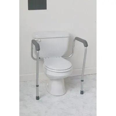 Super Sturdy Aluminum Toilet Handle Safety Rail With Folding Grab Bar Design. Adjustable arms fit standard toilets securely.