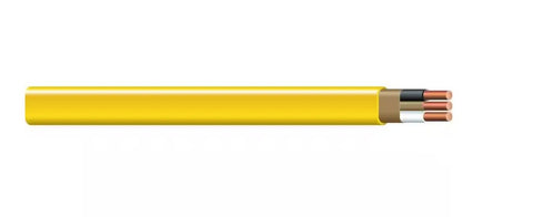Close-up of 250 Ft 12-2 NM-B Romex Wire, 12 AWG Yellow Dry Location Cable For Residential Wiring showing copper conductors