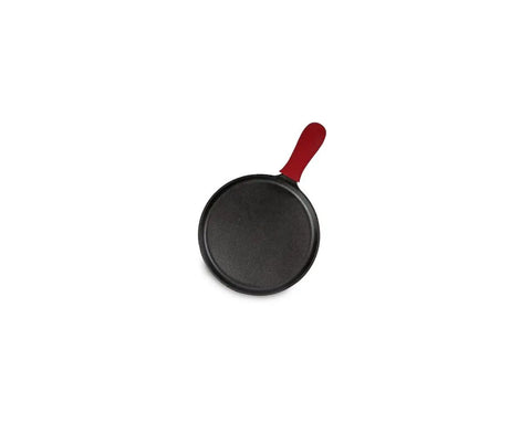 Round Cast Iron Griddle With Red Silicone Handle Holder, Heavy Duty Flat Cooking Pan For Go To Breakfast Staples And Everyday Cooking, 10.5 Inch