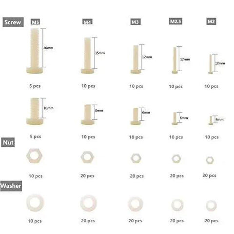 Nylon Screw Nut Washer Assortment Kit M2 To M5 With 270 Pieces In Clear Plastic Box layout showing sizes of fasteners