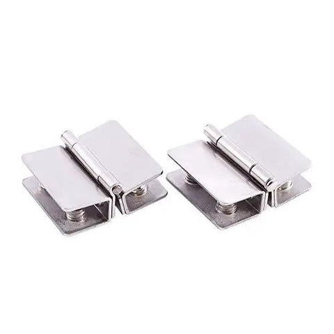 Pair Of Heavy Duty Silver Stainless Steel Shower Door Hinges Featuring Adjustable Double Clamp Brackets That Grip Tight And Fit 5 To 8 Millimeter Glass Panels Like A Glove.