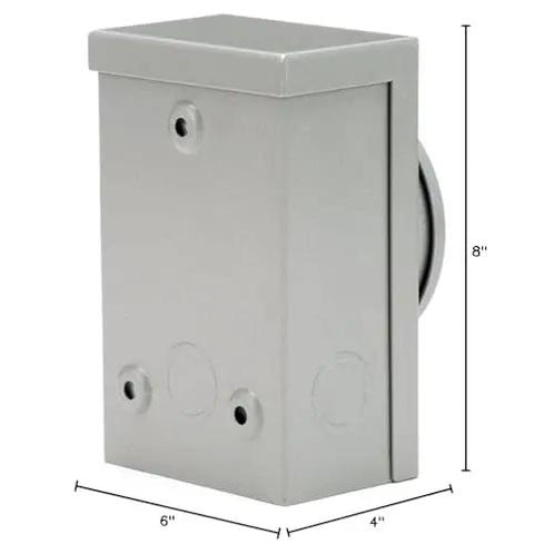 Side view of 30 Amp NEMA 3R Generator Power Inlet Box For Outdoor Use Hookup Up To 7,500 Running Watts, Weatherproof Powder Coated Steel, Gray