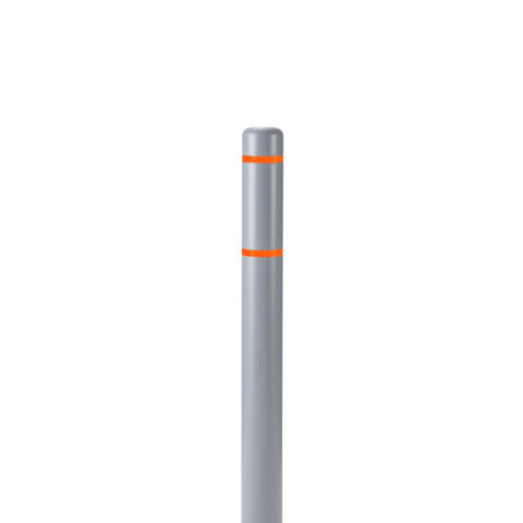 Hella Tough Heavy Duty 4x52 Inch Bollard Cover Gray With Straight Up Orange Reflective Stripes vertical view, constructed from HDPE.