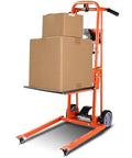 Orange manual pallet stacker with lift winch and lift plate with swivel casters carrying two cardboard boxes.