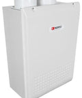 Heavy Duty Liquid Propane Tankless Water Heater For Residential Plumbing That Delivers Rock Solid Hot Water At 9.8 Gpm side view with dual vent pipes.