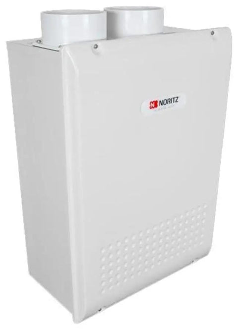 Heavy Duty Liquid Propane Tankless Water Heater For Residential Plumbing That Delivers Rock Solid Hot Water At 9.8 Gpm side view with dual vent pipes.