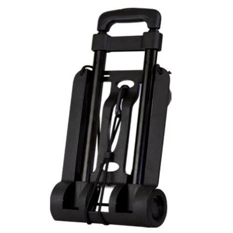 Compact folded EZ Roll Luggage Cart with lightweight aluminum frame for easy transport of luggage and supplies, telescopic handle visible