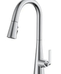 Kitchen Faucet featuring a sleek chrome design with a pull-out spray head and a circular handle for easy operation.