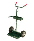 Welding cylinder hand truck, front view, green, 46-inch tall by 28-inch wide with 10-inch solid rubber wheels