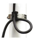 Side view of ABS Nylon Float Switch Cable Clamp And Hose Clamp securing cables on a pipe for electrical and plumbing installations.
