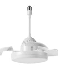 Small Ceiling Fan with Retractable Blades and Light, Remote Control, Indoor, white finish, compact design, top view.