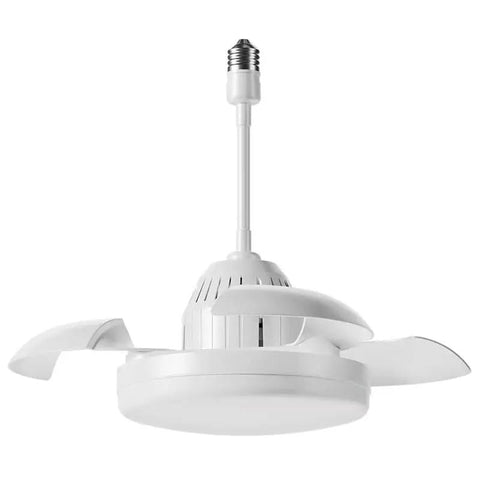 Small Ceiling Fan with Retractable Blades and Light, Remote Control, Indoor, white finish, compact design, top view.