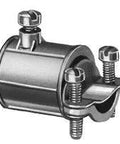 Pro Grade 1/2 Inch Emt To 3/8 Flexible Metal Conduit Connector With Set Screw and Dual Clamped Grip Die Cast Zinc Housing, close-up.