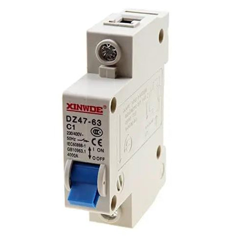 Two Pack One Pole 230 400V Low Voltage Miniature Circuit Breaker 1A DIN Rail Mount DZ47 63 C1 Industrial Grade front view