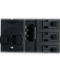 Close-up of TLP1208TEL Home Theater Surge Protector Power Strip With 12 Outlets, RJ11 phone line protection ports visible