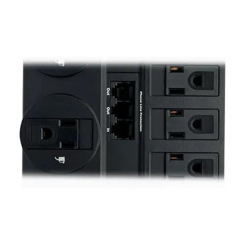 Close-up of TLP1208TEL Home Theater Surge Protector Power Strip With 12 Outlets, RJ11 phone line protection ports visible