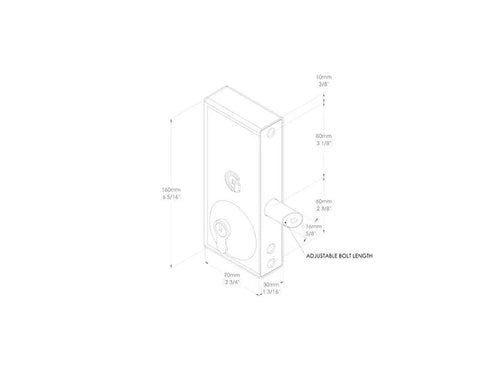 Heavy Duty Auto Latching Gate Lock With Double Sided Key Access For 40 To 60 Millimeter Metal Frames detailed dimensions illustration.