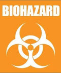 Bodily fluid cleanup kit badge: orange square with white biohazard symbol and BIOHAZARD text (front view)
