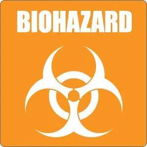 Bodily fluid cleanup kit badge: orange square with white biohazard symbol and BIOHAZARD text (front view)