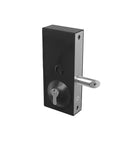 Heavy Duty Auto Latching Gate Lock With Double Sided Key Access For 40 To 60 Millimeter Metal Frames Easy Bolt On Install Built Like A Tank Durable Stainless Steel Finish rated for half million use cycles, side view with key access.