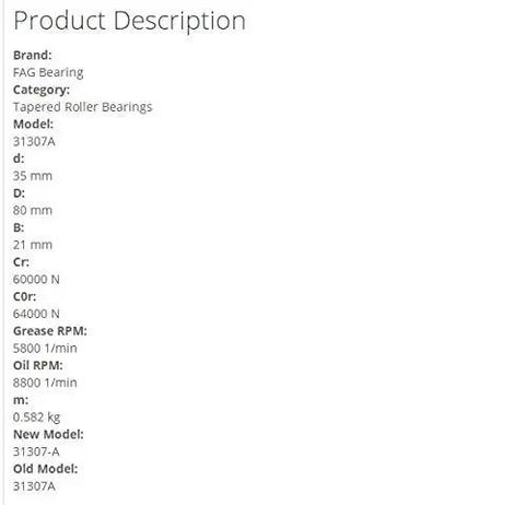 Product specifications for 31307A Tapered Roller Bearing 35x80x21mm, including dimensions and performance details.