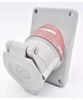 Solid Heavy Duty Industrial Pin Receptacle 3 Pole 20 Amp 250 Volt Ac With Three Quarter Inch Feed Thru Hub Cover Assembly side view on a white background.
