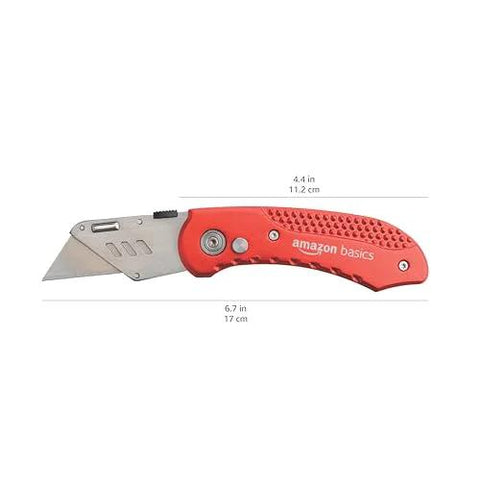 Amazon Basics folding utility knife with red aluminum handle, back-lock, 6.7 in long.