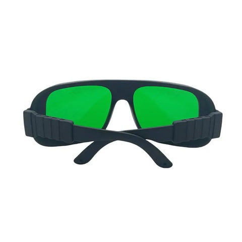 Top Notch Laser Safety Glasses With Kick Ass Eye Protection For Red Diode And Infrared Lasers Covering 635 To 1100Nm Wavelengths For Workshop And Lab Use, front view with green lenses.