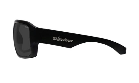 Side view of Floating Eyewear Mega Bomb Polarized Safety Sunglasses In Matte Black Frame With Smoke Lens ANSI Z87 Plus Certified