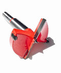 Close-up view of hole saw drill bit, red carbide-tipped, for wood/plastic, 53mm dia, 80mm length, round shank