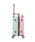 Rockland Melbourne mint pink hardside carry-on luggage, 20-inch expandable spinner, side view with four wheels