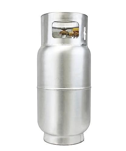 Front view of Flame King aluminum forklift propane tank, 33.5 lb capacity with valve and gauge