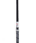 Close-up of Darrel Dressage Whip 40 Inch Black with Leather Look Shaft and Rubber Grip Handle, silver detailing visible.