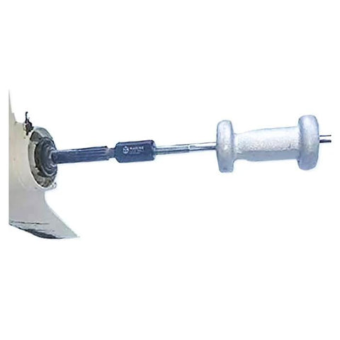 Marine outboard prop shaft and bearing housing remover tool; side view, blue shaft, gray handle.
