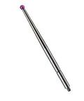 Dial test indicator contact point; 2mm purple ruby ball on stainless steel shaft, 44.5mm long, M1.6 thread (side view)