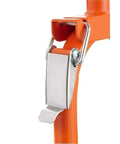 Close-up of Heavy Duty Spoked Measuring Wheel With Spot On, orange frame with metal clamp for precise distance tracking.