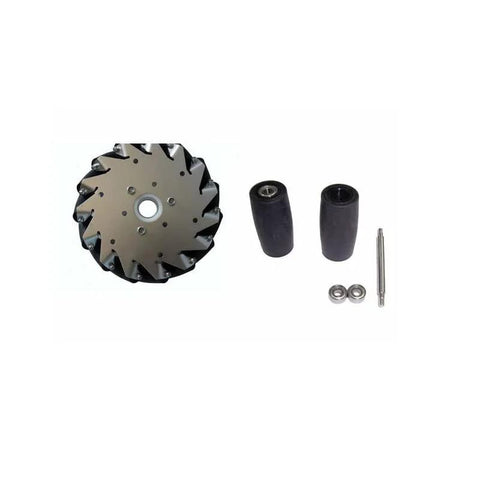 Front view of left 152 mm Mecanum wheel for toy, with ball bearings, axle rod and mounting hardware.