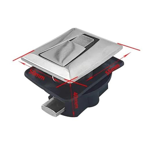 Front view of a 316 stainless steel boat deck square locker latch with key, mounted on a blue base
