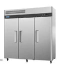 Commercial Grade Stainless Steel Walk In Freezer Built Different For Busy Restaurant Kitchens Heavy Duty Smart Frost Freeze Workhorse Top Notch Cold Storage Setup side view with three doors and wheels.