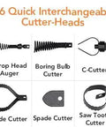 1.6 Quick Interchangeable Cutter-Heads for Smooth Operator 75 Foot Electric Drain Cleaner Machine with various cutting options.